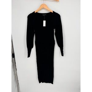 Ann Taylor Ribbed Sweater‎ Dress Small Black Pearl Cuff Midi Quiet Luxury Chic